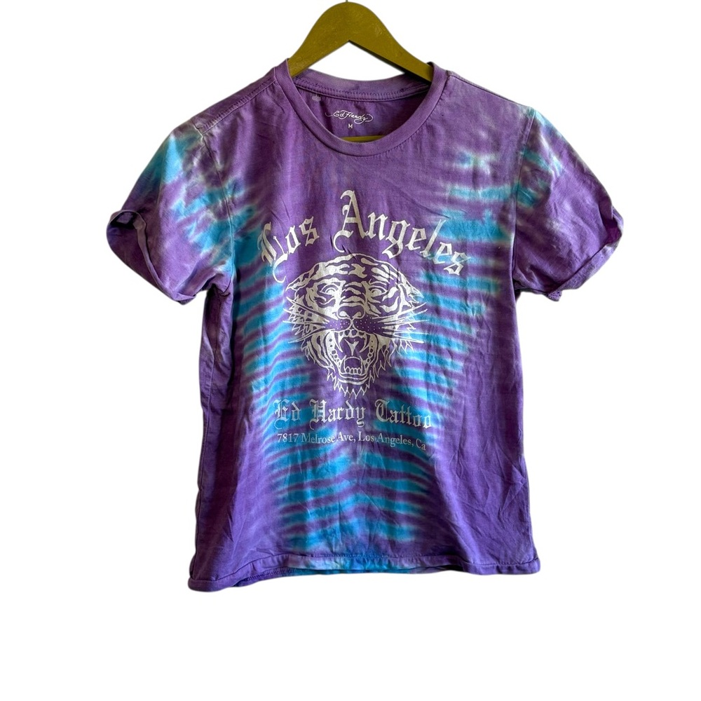 Ed Hardy Women’s Medium Blue Purple Tie Dye Graphic Tee Shirt Y2K Punk Grunge